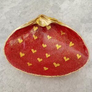 Hand Painted Shell Red with Gold Hearts Jewelry Trinket Dish Gold Leaf Trim